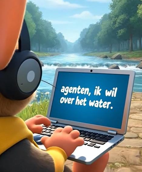 Prompy typt een prompt op zijn laptop